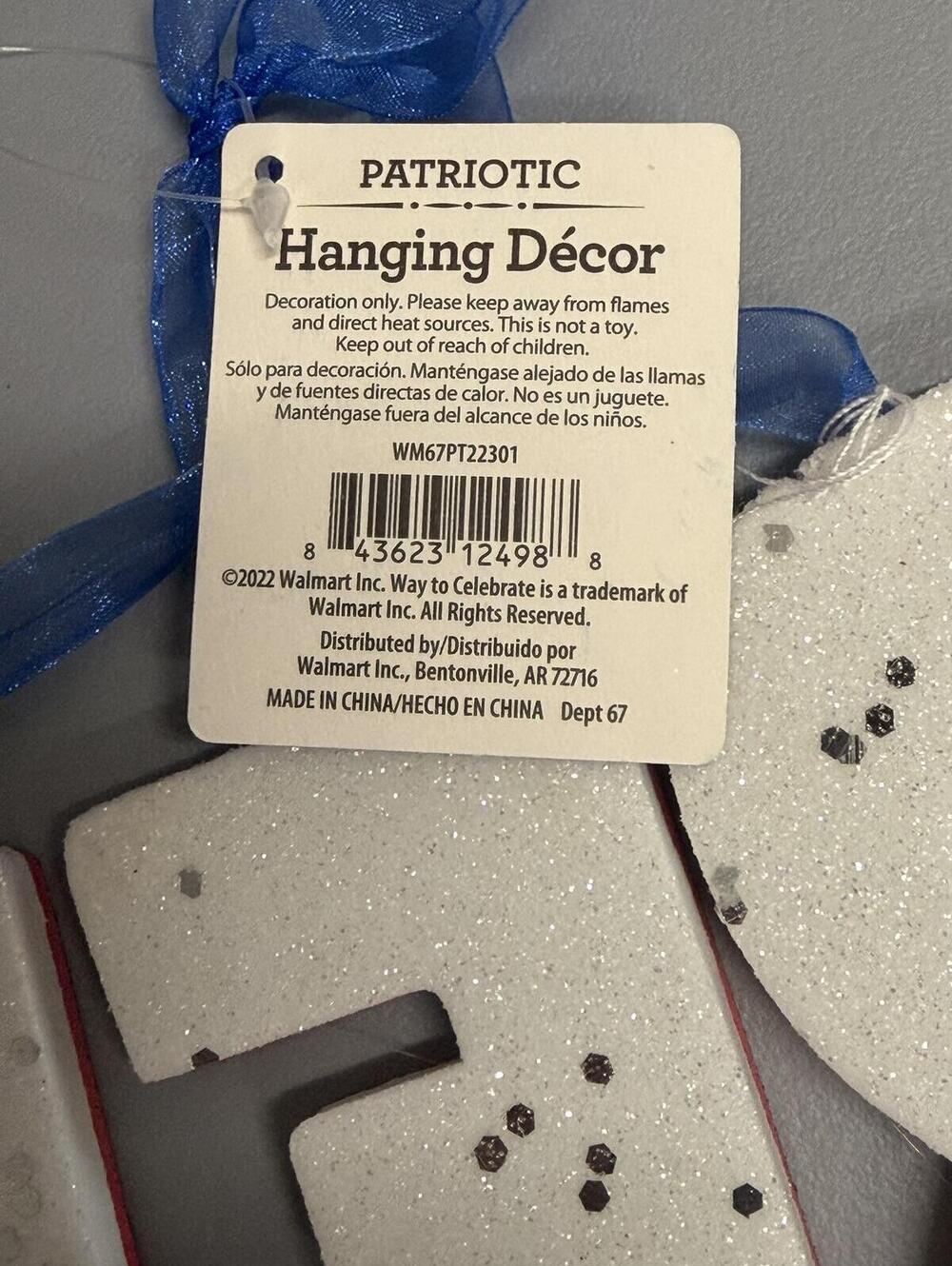 Patriotic RED WHITE BLUE Glitter Hanging Decor Wall Sign - Picture 4 of 5